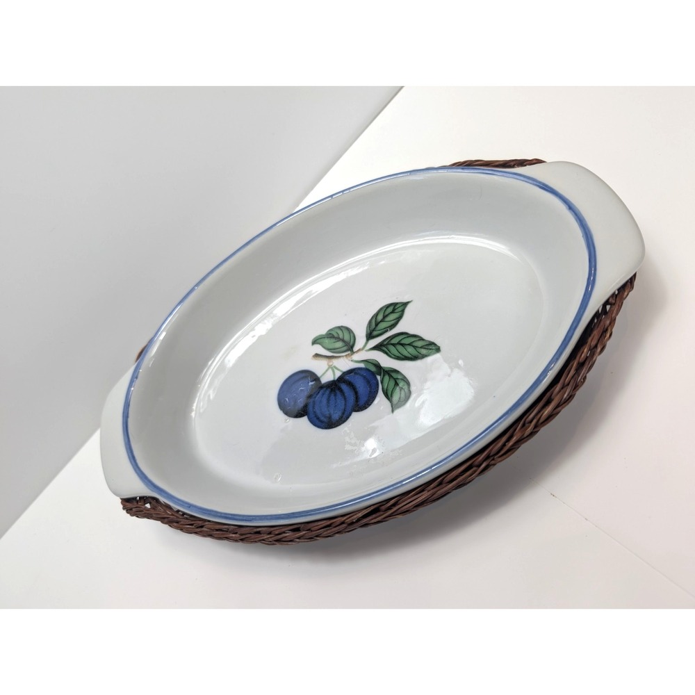 12" Long Ceramic‎ Plum Serving Dish In Wicker Basket Vintage